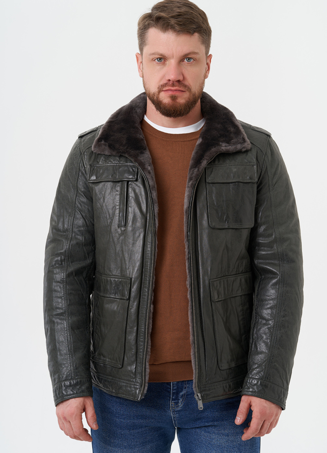 Мужская утепленная кожаная куртка  модель № 28074 универмаг малина
