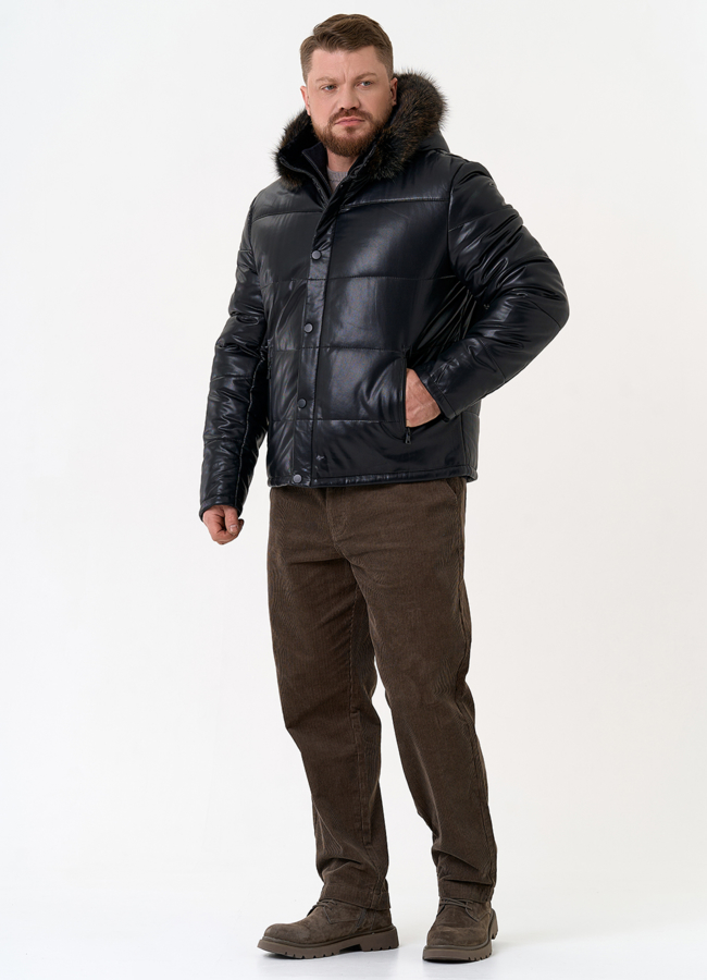 Пуховик из эко кожи с капюшоном из меха енота модель № 31720 в кредит