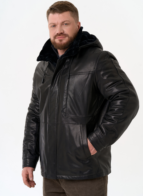 Мужская дубленка черного цвета с капюшоном
