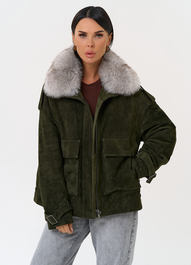 Короткий пуховик из натуральной замши модель № 31363 меха малина