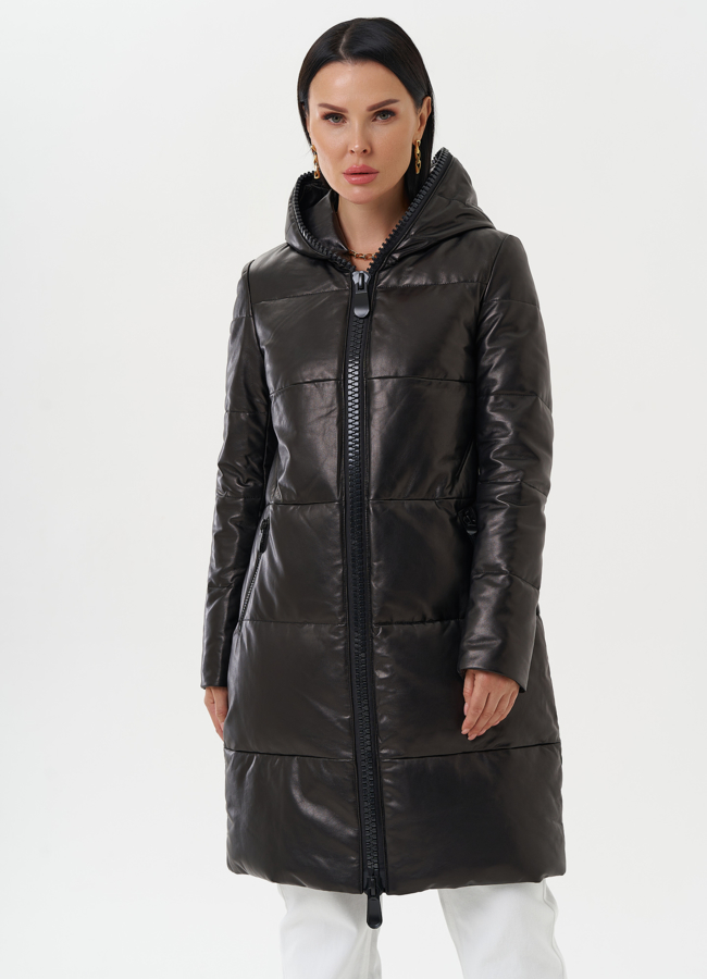 Кожаный пуховик с капюшоном модель № 15013 меха малина
