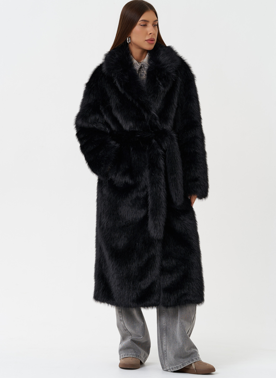 Длинное пальто из эко меха под песца