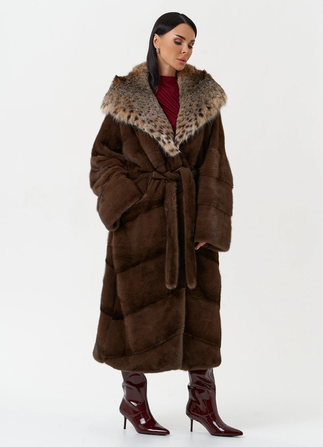 Женская шуба из меха норки с капюшоном из меха рыси модель № 31159 универмаг малина