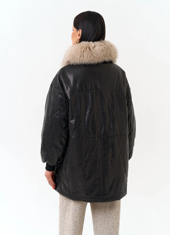 фото Утепленная кожаная куртка с песцом модель № 34394 фото