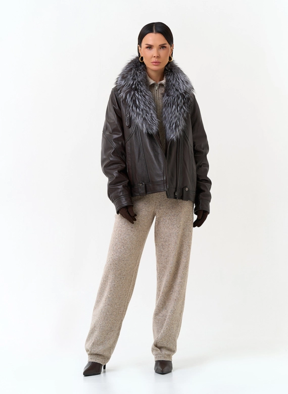 Женский пуховик из натуральной кожи с чернобуркой фото