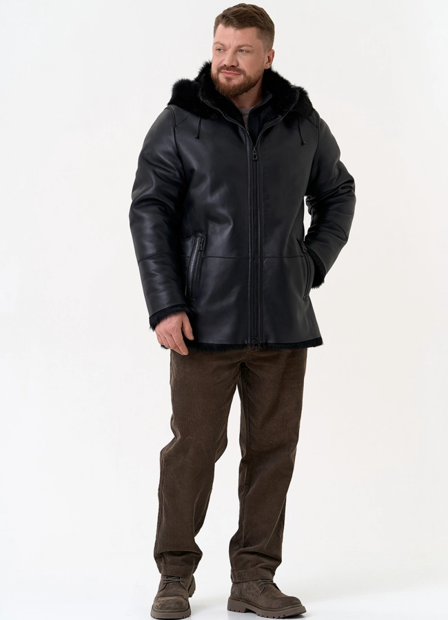 Мужская дубленка черного цвета с капюшоном модель № 31792 универмаг малина