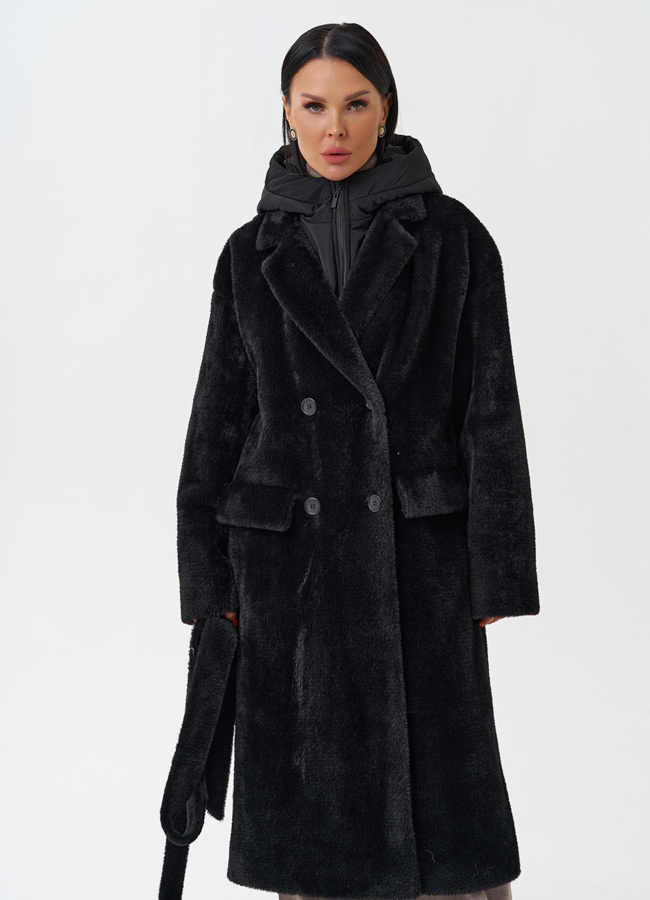фото Женское ворсовое пальто с капюшоном модель № 28944