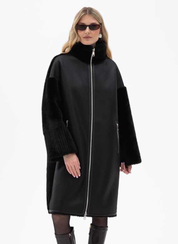 Женская двухсторонняя дубленка из эко кожи с воротником стойкой