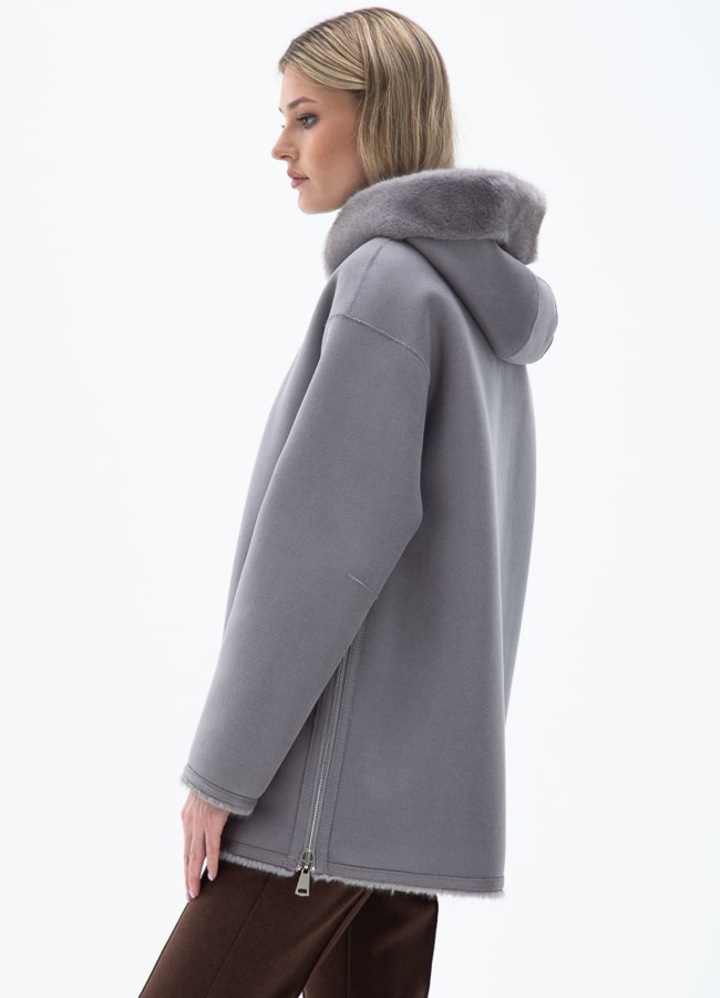 Женская двухсторонняя дубленка из эко кожи с капюшоном модель № 32029 в рассрочку