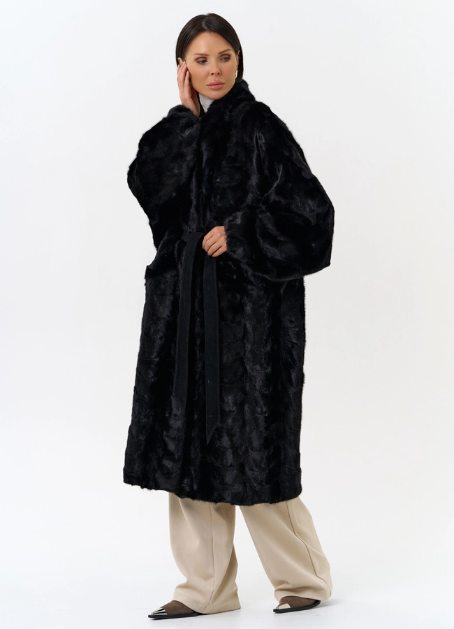 Шуба из меха норки с поясом модель № 31183 меха малина