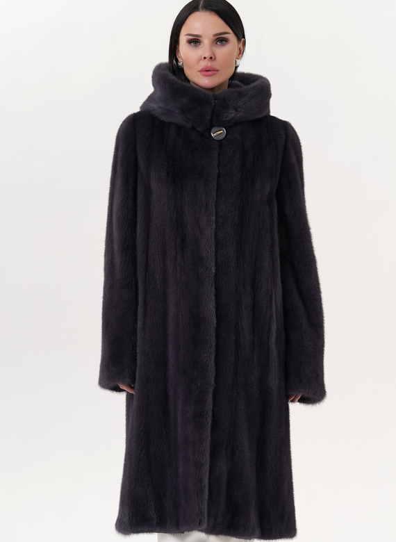 Шуба из норки классическая с капюшоном цвете графит