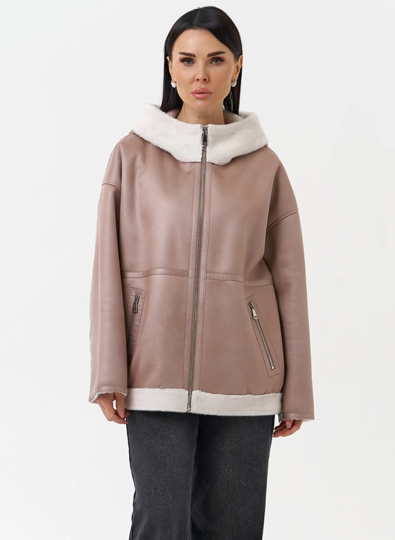 Женская дубленка из эко замши с капюшоном