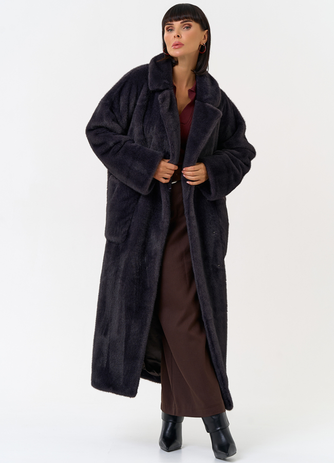 Женское пальто из эко меха с поясом модель № 31500 универмаг малина