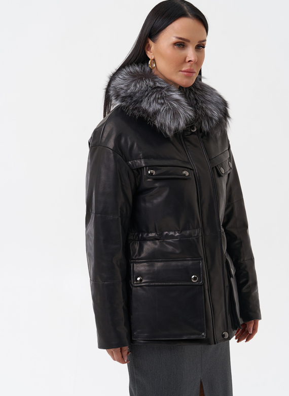 Кожаный пуховик с мехом