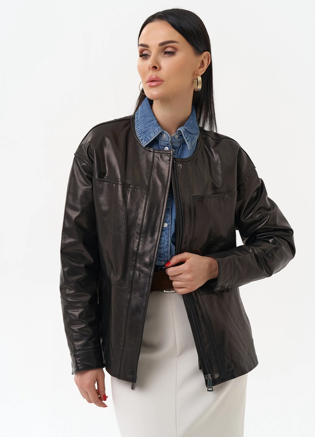 Куртка женская из натуральной кожи модель № 30095 меха малина фото