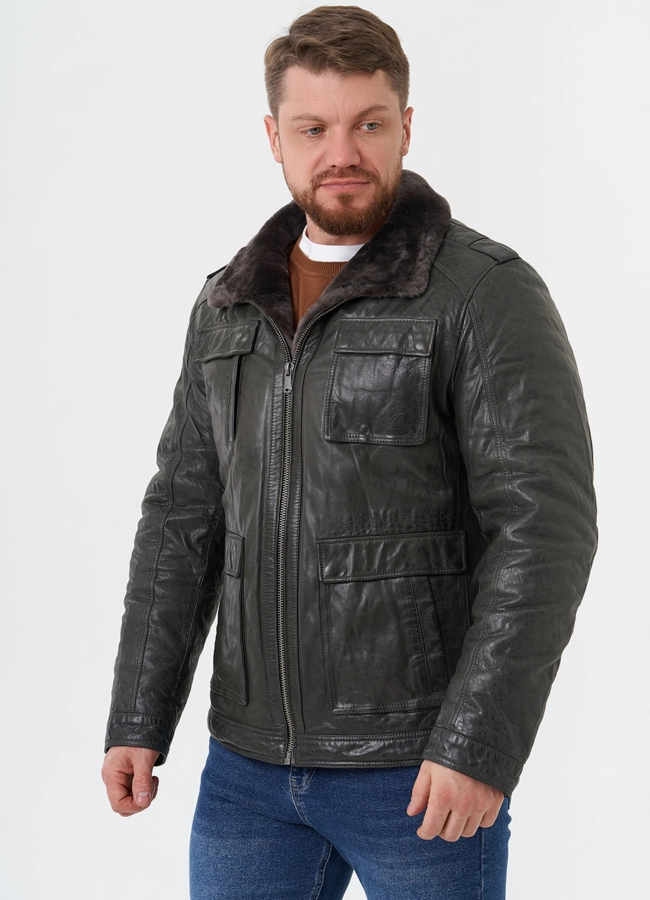 Мужская утепленная кожаная куртка  модель № 28074 в рассрочку