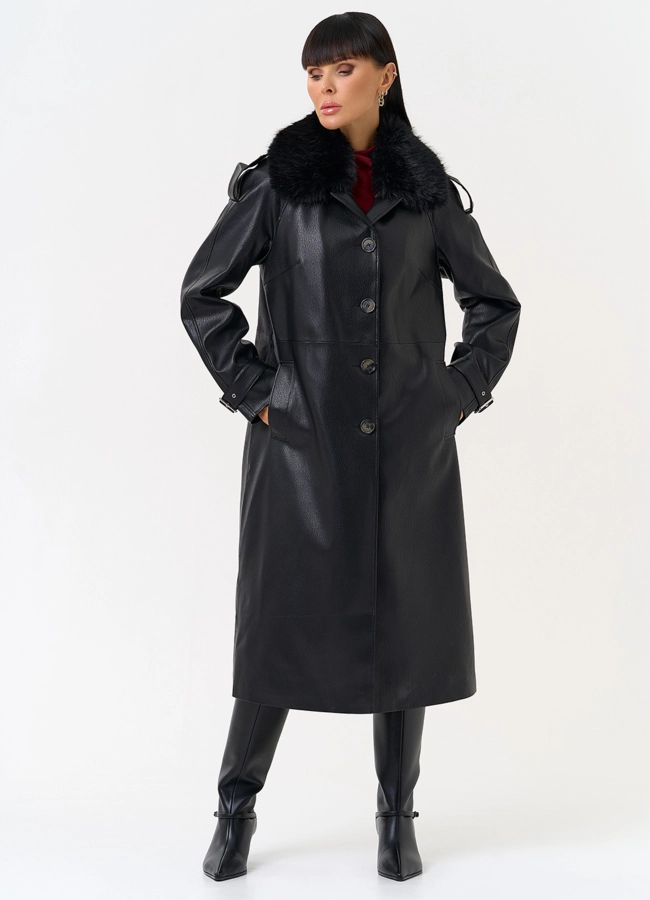 Женское утепленное пальто из экокожи с воротником из эко меха модель № 30705 в рассрочку