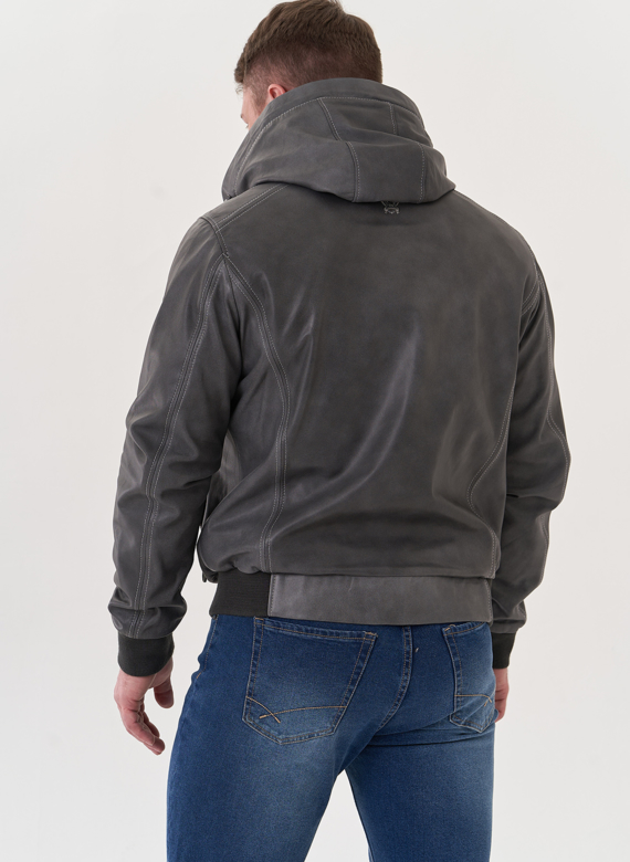Мужская кожаная куртка "бомбер" с капюшоном