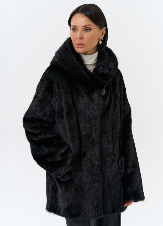 Шуба из меха норки с капюшоном модель № 29104 универмаг малина