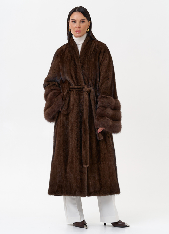 Шуба из скандинавской норки с куницей модель № 29258 универмаг малина