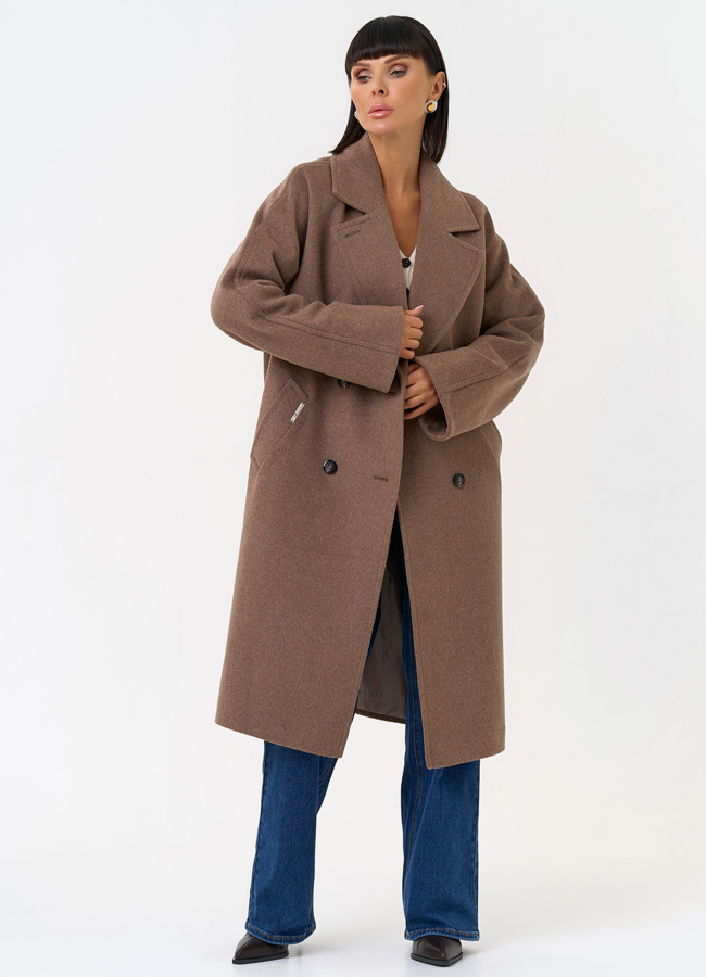 Женское двубортное пальто с поясом  модель № 31418 универмаг малина