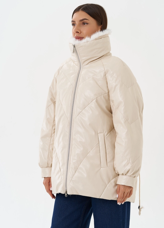 Пуховик из эко кожи с воротником из эко меха модель № 27990 универмаг малина