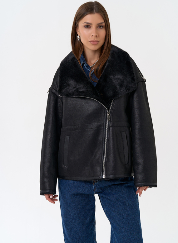 Женская дубленка из эко замши в черном цвете