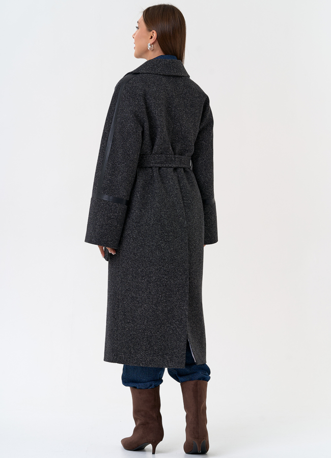 фото Женское пальто с отделкой из экокожи модель № 31336