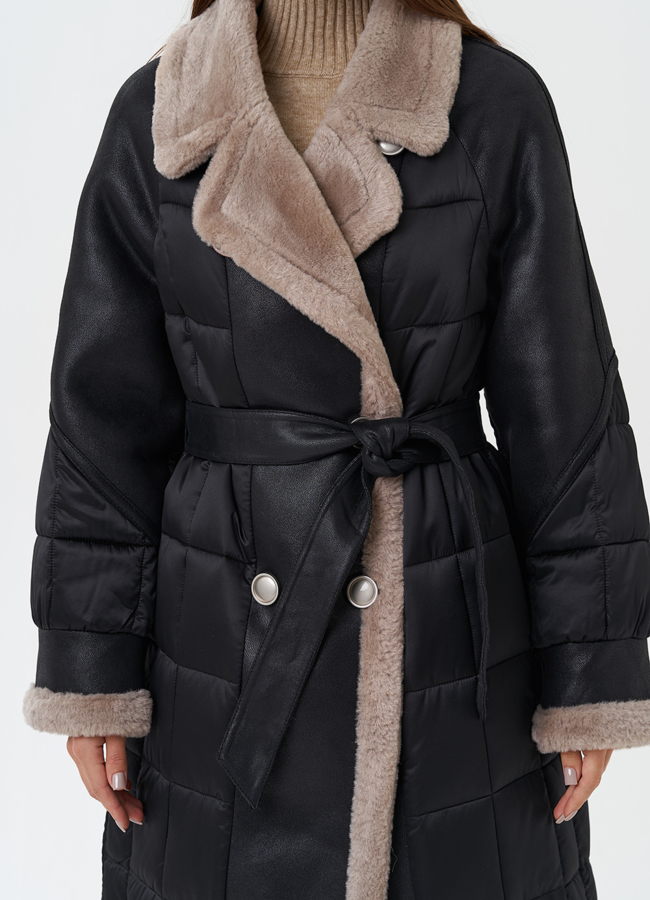 Комбинированный пуховик из эко кожи модель № 27736 универмаг малина