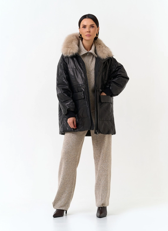 Утепленная кожаная куртка с песцом фото