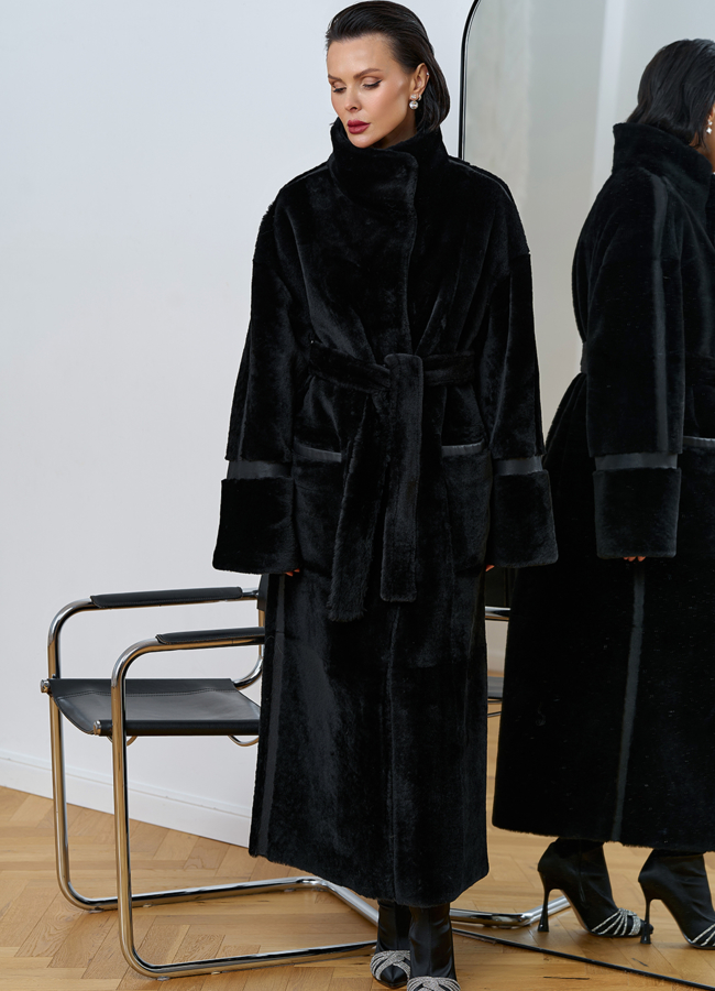 фото Женская двухсторонняя дубленка с воротником стойкой модель № 31914