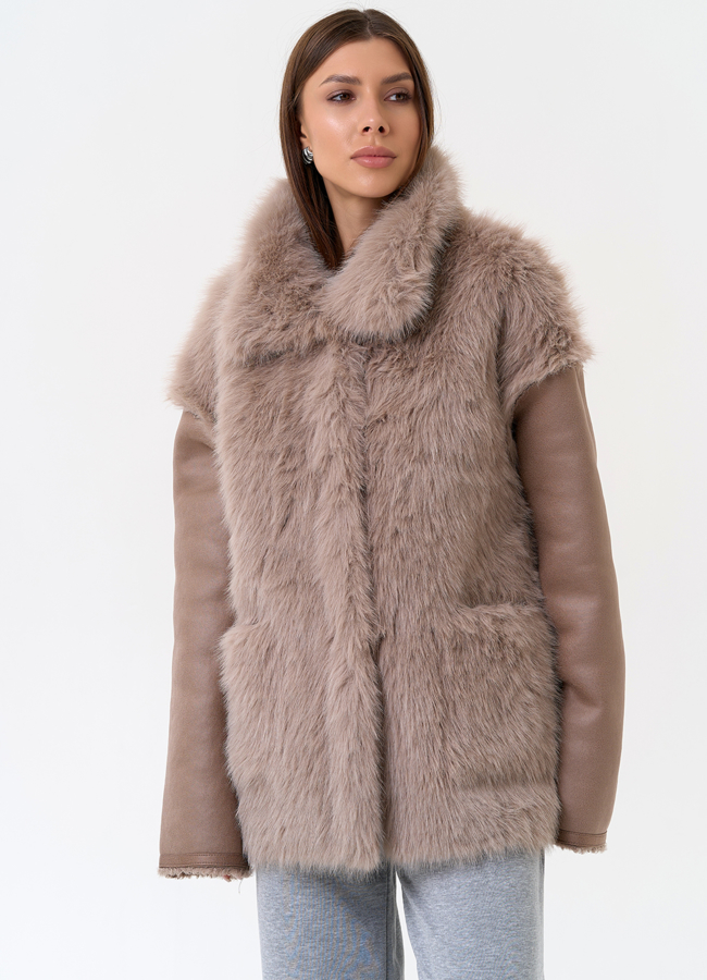 Женская дубленка из эко замши с отделкой из эко меха модель № 31325 универмаг малина